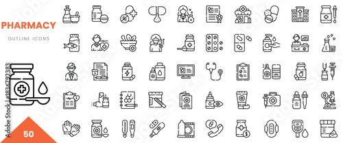 A collection of pharmacy-related outline icons representing healthcare and medication.