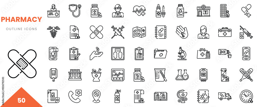 Fototapeta premium A collection of pharmacy outline icons representing medical tools and health elements.