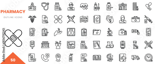 A collection of pharmacy outline icons representing medical tools and health elements.