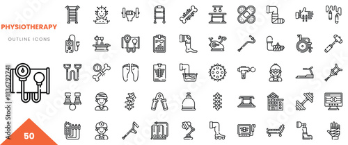A collection of 50 outline icons representing physiotherapy tools and practices.