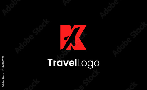 Travel Logo Airplane icon and Letter K, Travel agency illustration modern and minimalist concept.