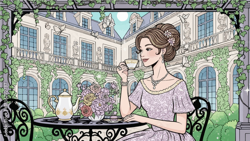 Elegant noble lady in Victorian dress drinking tea on a luxury garden terrace vector illustration