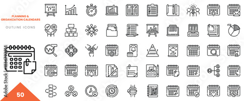 A collection of 50 outline icons representing planning and organization tools including calendars.