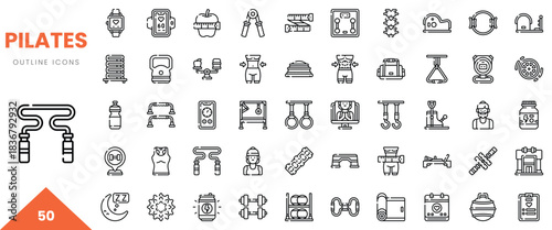 Collection of Pilates outline icons representing fitness equipment and activities.