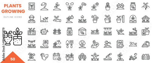 A collection of line art icons representing various plants growing, gardening tools, and nurturing activities.