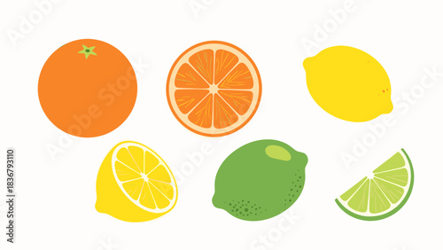 Vibrant Flat Design Citrus Fruits Collection: Whole and Sliced Oranges, Lemons, and Limes on White Background, Perfect for Healthy Food and Drink C...