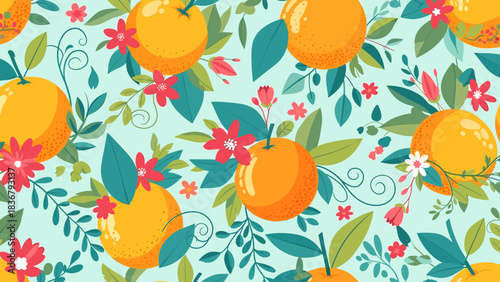 Vibrant Seamless Pattern with Oranges, Green Leaves, and Red Flowers on a Light Blue Background, Whimsical Citrus Fruit and Botanical Illustration