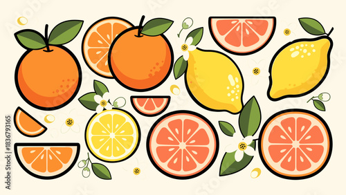 Fresh Citrus Fruits Collection: Oranges, Lemons, and Grapefruits with Slices, Leaves, and Blossoms. Vibrant Cartoon Vector Illustration.
