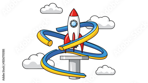 Rocket Launchpad with Dynamic Spiral Path and Clouds - Innovation, Startup, and Growth Vector Illustration