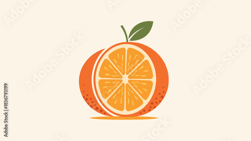 Stylized Orange with Cross-Section and Leaf Illustration on Light Background, Fresh Citrus Fruit Vector Graphic