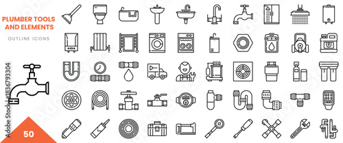 Collection of plumbing tools and elements illustrated in outline style, showcasing essential equipment.