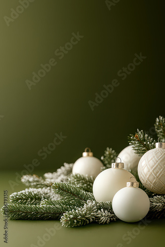 Christmas ornament decoration with pine branch and white baubles on green background