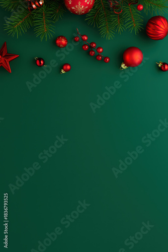 Christmas decoration with red baubles and pine branches on green background creating festive mood