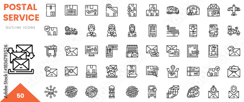 Collection of postal service outline icons illustrating delivery and communication.