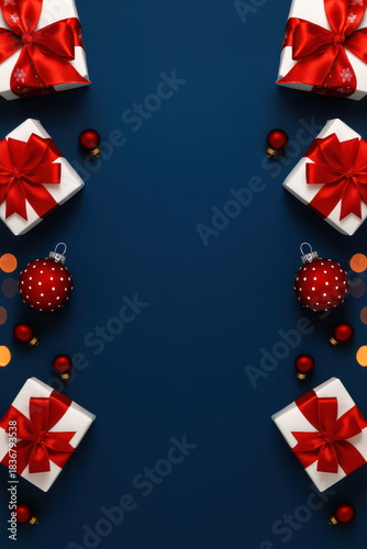 Christmas gift boxes with red ribbons and festive baubles on dark blue background