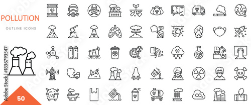 Collection of pollution outline icons depicting various environmental hazards and impacts.
