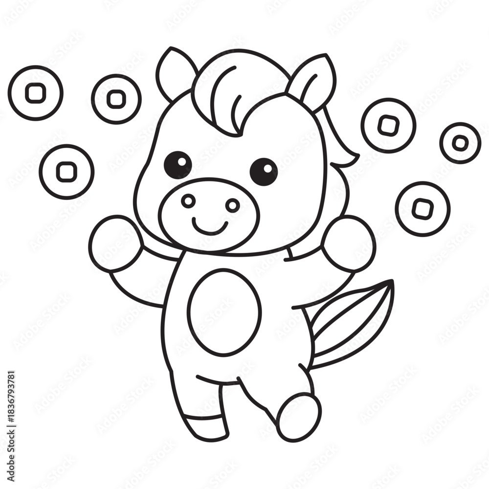 Obraz premium Cute Horse Tossing Gold Coins Coloring Page Illustration for Kids Lunar New Year Fortune and Prosperity Activity