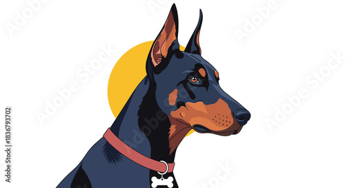 A clean vector illustration of a noble Doberman Pinscher with cropped ears and a red collar, set against a simple yellow sun background.