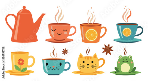 A charming collection of colorful, whimsical teacups and a teapot, featuring cute animal faces and designs, perfect for a cozy tea party theme.