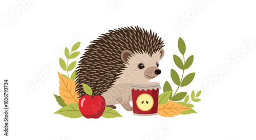 An adorable cartoon hedgehog sitting among autumn leaves with a bright red apple and a jar of homemade apple jam on a white background.