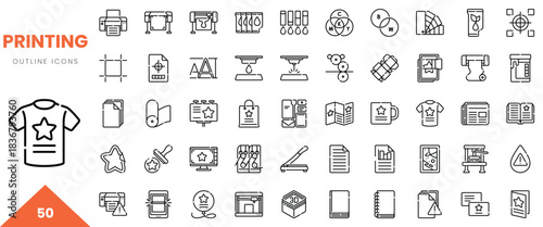 A collection of 50 outline icons representing various printing techniques and tools.