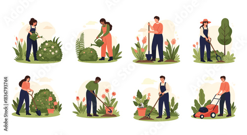A diverse set of people enjoying gardening activities like planting, watering, pruning, and mowing the lawn in a beautiful, lush garden.