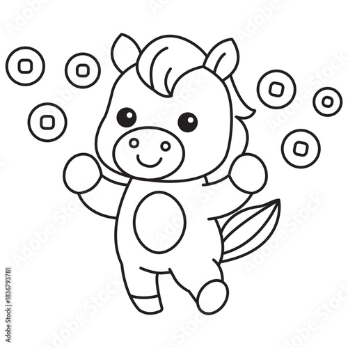 Cute Horse Tossing Gold Coins Coloring Page Illustration for Kids Lunar New Year Fortune and Prosperity Activity