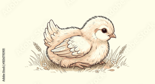 A charming and detailed hand-drawn illustration of a fluffy baby chick sitting peacefully in the grass with small flowers and wheat.