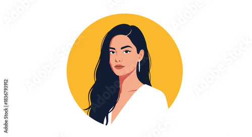 A stylish and minimalist portrait of a beautiful young woman with long, dark wavy hair and earrings, set within a yellow circle.