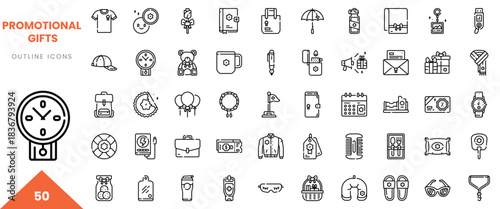A collection of promotional gift outline icons featuring diverse items for branding and marketing.