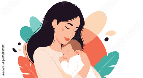 A tender illustration of a beautiful mother with her eyes closed, lovingly holding her sleeping newborn baby against a soft background.