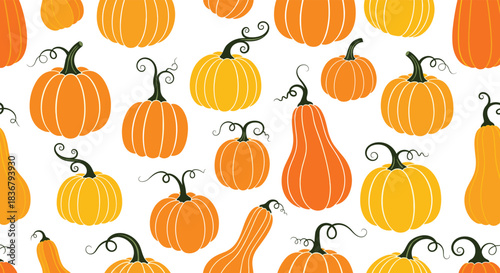A seamless autumn pattern featuring a variety of orange and yellow pumpkins and gourds with curly vines on a clean white background.