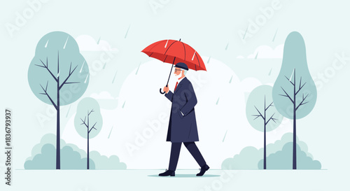 An elegant elderly man in a coat and hat walks through a minimalist park in the rain, holding a bright red umbrella for shelter.