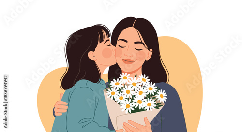 A heartwarming illustration of a loving daughter kissing her happy mother on the cheek while she holds a beautiful bouquet of daisies.