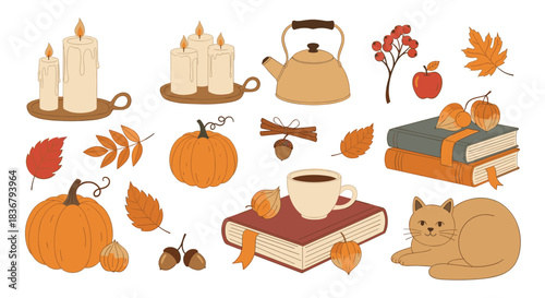 A charming collection of cozy autumn essentials, including candles, books, a cat, pumpkins, and a hot drink, perfect for fall season.