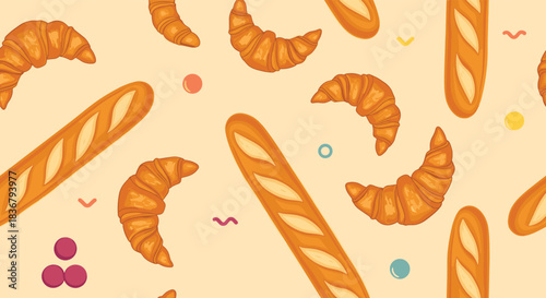 A delightful seamless pattern of freshly baked French baguettes and croissants scattered on a pale yellow background for a bakery theme.