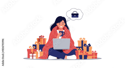 A happy woman wrapped in a blanket shops online with a laptop, surrounded by gifts while dreaming of a new handbag for herself.