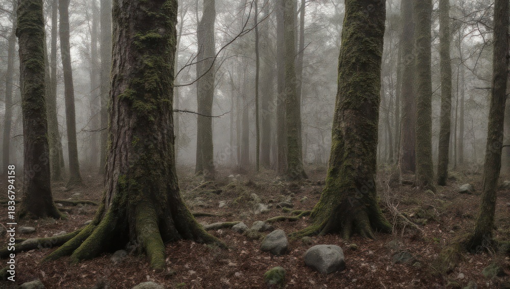 Naklejka premium Misty Forest Scene with Tall Trees and Ground Cover.