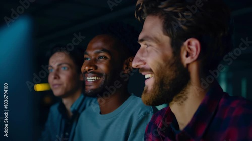 Wallpaper Mural Modern office business teamwork night modern work space with professional creative energy, warm lighting, smiling colleagues and close up profile collaborating project with calm concentration Torontodigital.ca