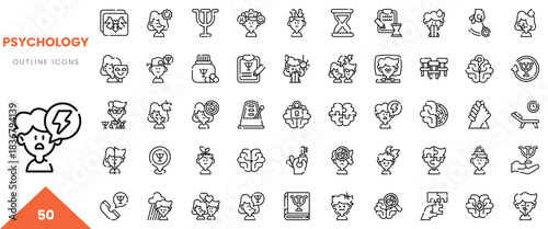 Collection of 50 black and white outline icons representing psychology themes and elements.