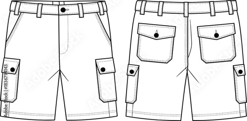 Technical flat sketch of cargo shorts, flap pocket design, fashion template, garment construction drawing, apparel illustration, vector outline, waistband, belt loop details
