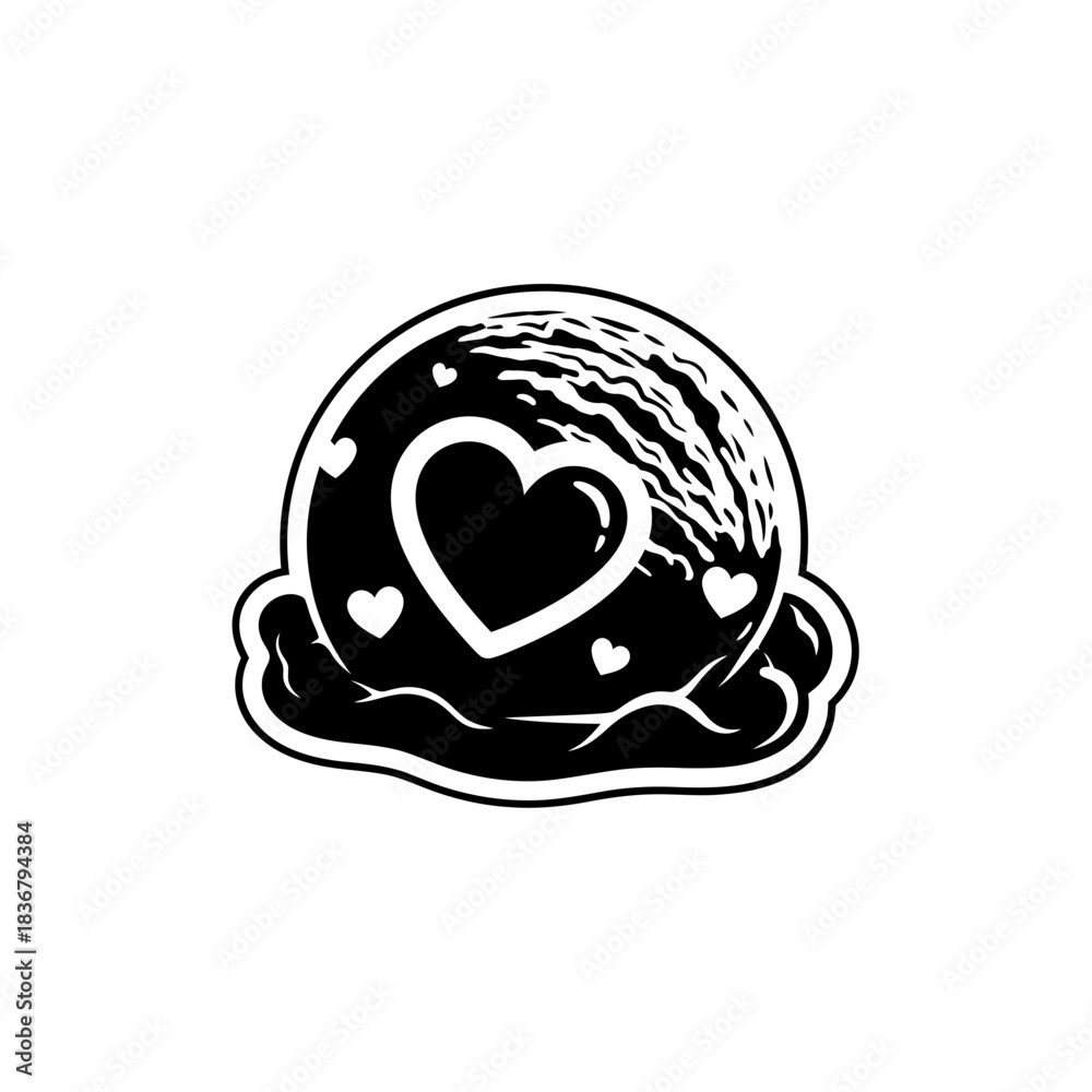 Fototapeta premium Ice cream scoop vector silhouette with a large heart and small hearts on a melting base isolated on white background