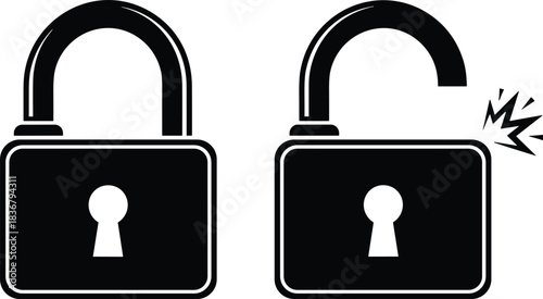 Unlock padlock icon, security breach symbol, open lock illustration, privacy protection warning graphic, access control alert, cyber security flat vector design