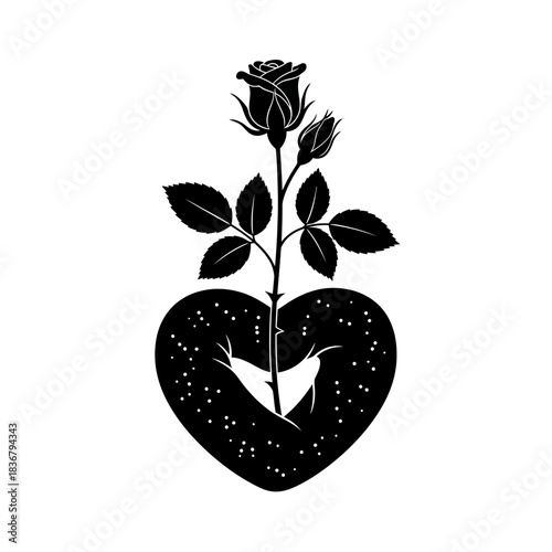Black rose flower silhouette vector growing from a heart shape with thorns and leaves isolated on white background