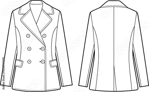 Technical flat sketch of double-breasted coat, notched lapel flap pocket design, fashion template, garment construction drawing, apparel illustration, vector outline, tailored silhouette