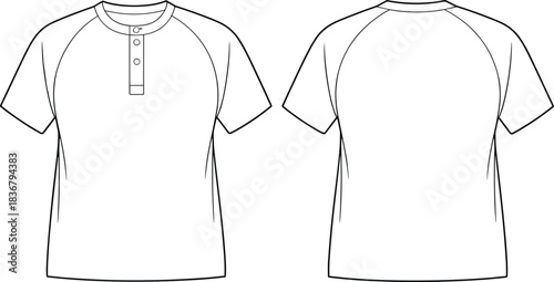Technical flat sketch of Henley shirt, raglan sleeve button placket design, fashion template, garment construction drawing, apparel illustration, vector outline, neckline details