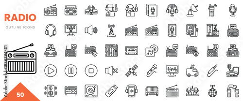 Variety of black and white outline icons representing radio technologies and devices.