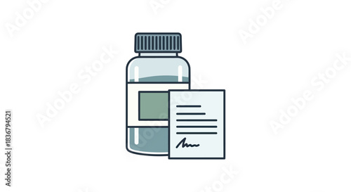Prescription bottle with medical document and signature.
