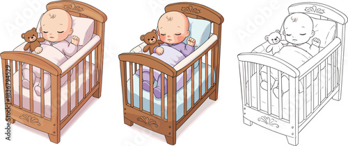Adorable sleeping baby in wooden crib with teddy bear, peaceful bedtime scene showing cute infant resting in cozy nursery vector illustration.