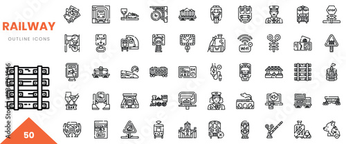 A collection of 50 outline icons depicting various railway elements and symbols.